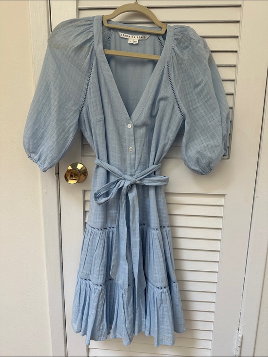 Veronica Beard Dresses & Skirts - Veronica Beard Powder Blue V-Neck Tiered Midi Dress with Puff Sleeves